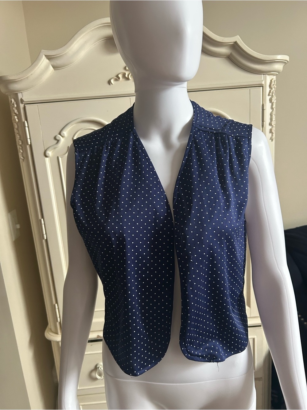 Sleeveless Navy Polka Dot V-Neck Blouse